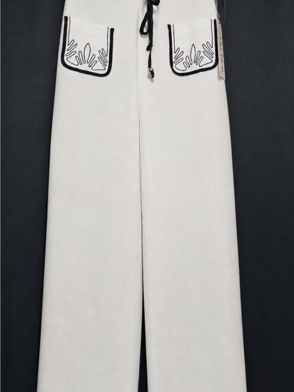 Wide Leg Drawstring Pants with Contrast Pocket Detail - White NWOT